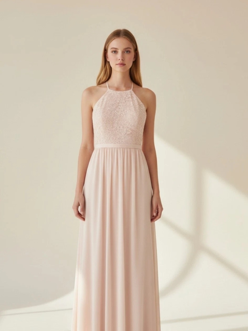 David's Bridal Lace Halter Maxi Dress -open Back Blush Romantic Fairy Prom